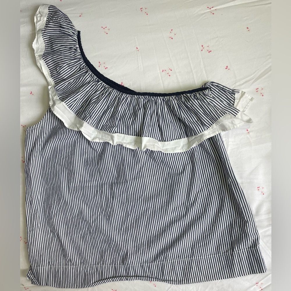 J. Crew One-shoulder ruffle top in Navy Blue & White Stripe - Size 2